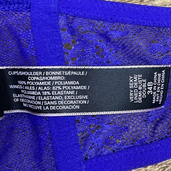Victoria's Secret Very Sexy Lined Demi Lace Bra High Neck Cobalt Blue Size 34B - Picture 8 of 9